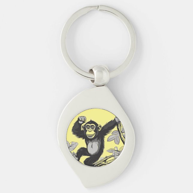 Cute chimpanzee on the branch greets key ring (Front)
