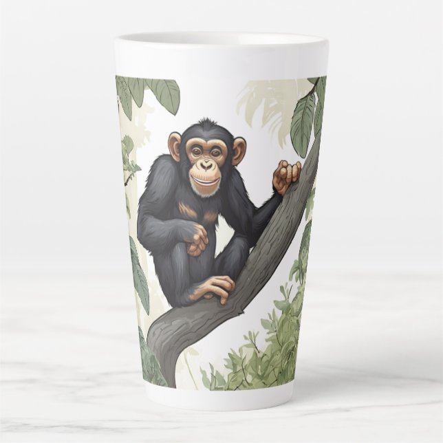 Cute chimpanzee on the branch greets latte mug (Front)