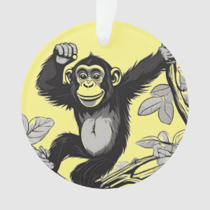 Cute chimpanzee on the branch greets ornament