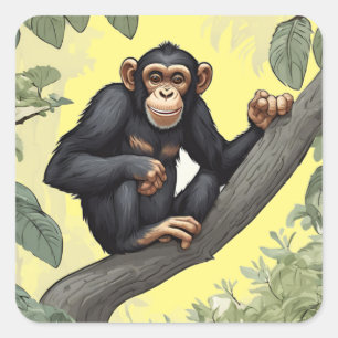 Cute chimpanzee on the branch greets square sticker