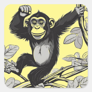 Cute chimpanzee on the branch greets square sticker