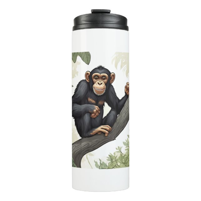 Cute chimpanzee on the branch greets thermal tumbler (Front)