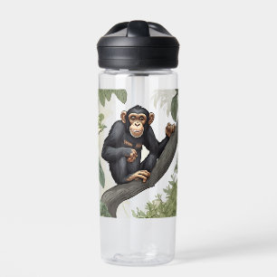 Cute chimpanzee on the branch greets water bottle