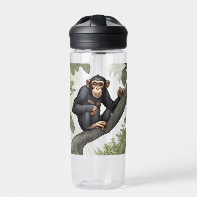 Cute chimpanzee on the branch greets water bottle (Front)
