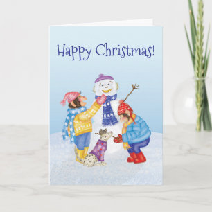 Cute chimps building a snowman Christmas card