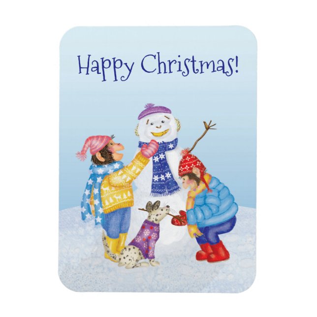 Cute chimps building a snowman magnet (Vertical)
