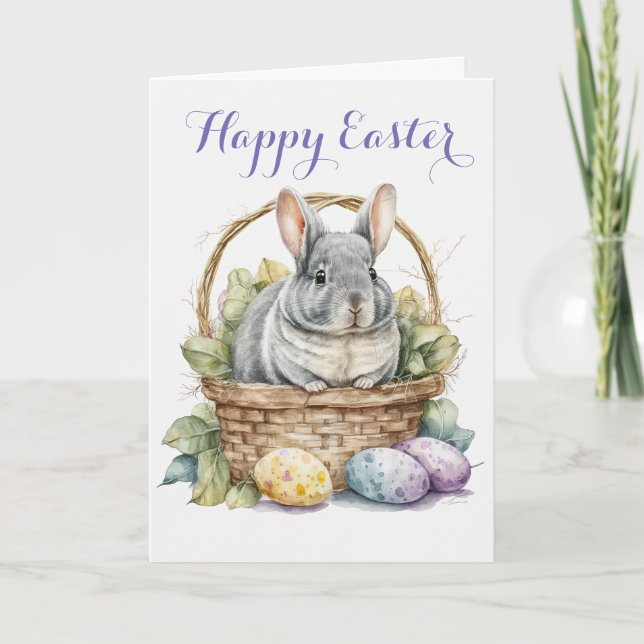 Cute Chinchilla in a Basket Easter Holiday Card (Front)