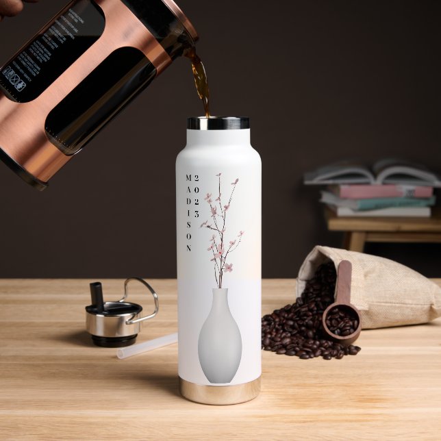 Cute Chinese Cherry Blossom Vase Personalised Water Bottle (Coffee)