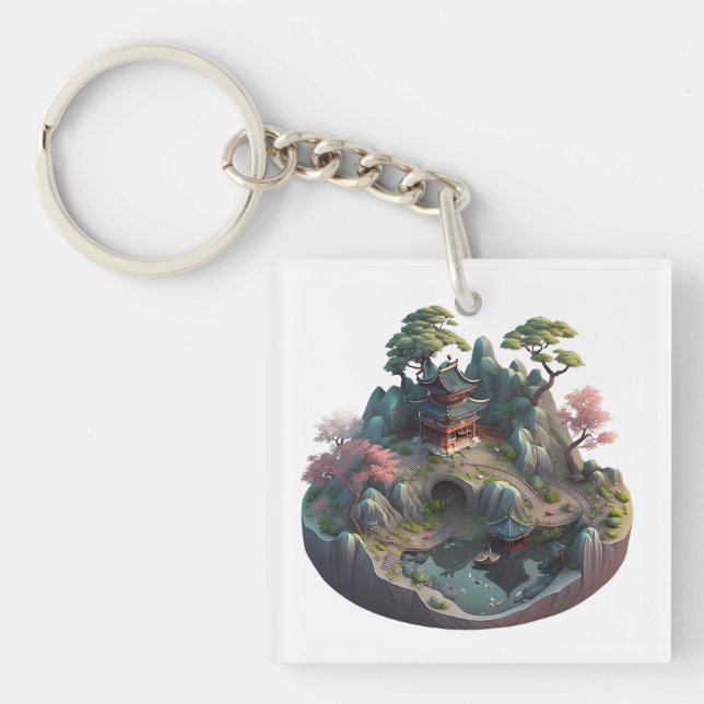 Cute Chinese Fantasy 3D Landscape Square Keychain (Front)