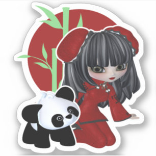 Cute Chinese Girl With Panda And Bamboo