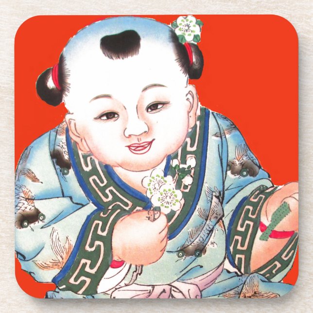 Cute Chinese Laughing Good Luck Buddha on red Coaster (Front)