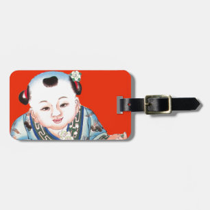Cute Chinese Laughing Good Luck Buddha on red Luggage Tag
