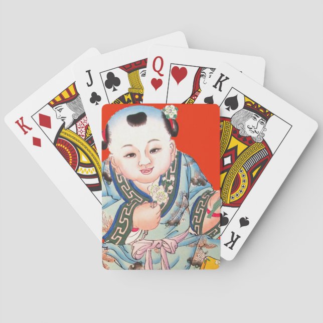 Cute Chinese Laughing Good Luck Buddha on red Playing Cards (Back)