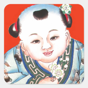 Cute Chinese Laughing Good Luck Buddha on red Square Sticker