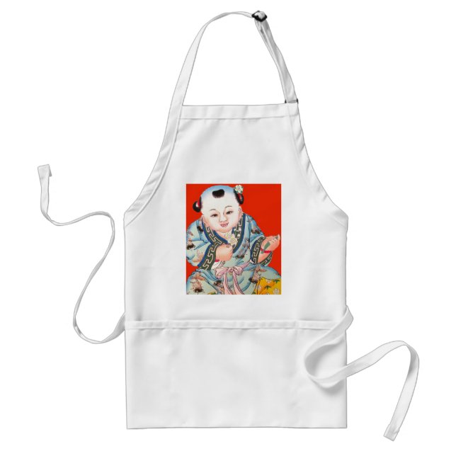 Cute Chinese Laughing Good Luck Buddha on red Standard Apron (Front)