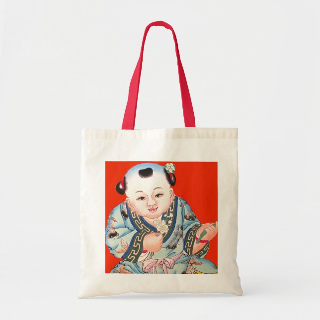 Cute Chinese Laughing Good Luck Buddha on red Tote Bag (Front)