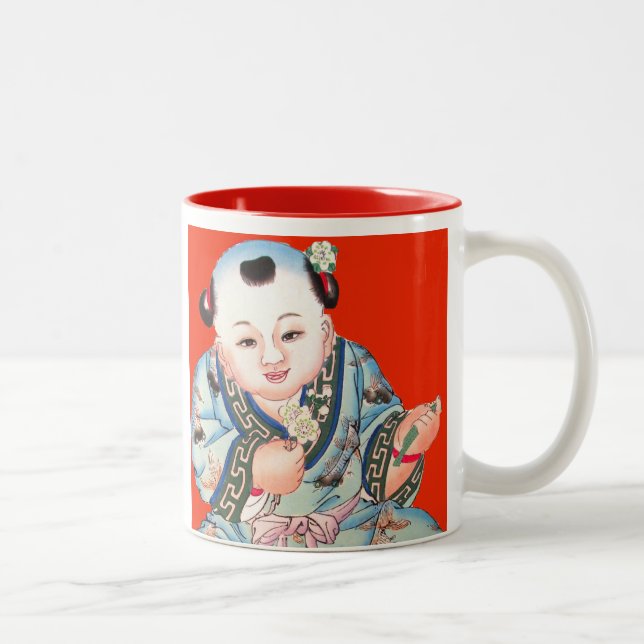 Cute Chinese Laughing Good Luck Buddha on red Two-Tone Coffee Mug (Right)
