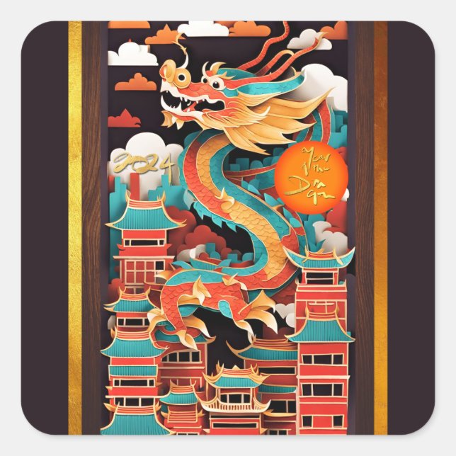 Cute Chinese New Year Dragon Origami SqS2 Square Sticker (Front)