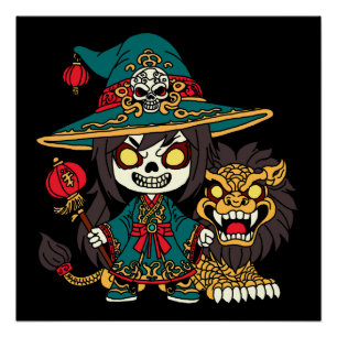 Cute Chinese New Years Witch and Lion Poster