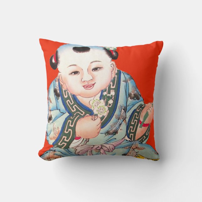 Cute Chinese red laughing Buddha Asian art Cushion (Front)
