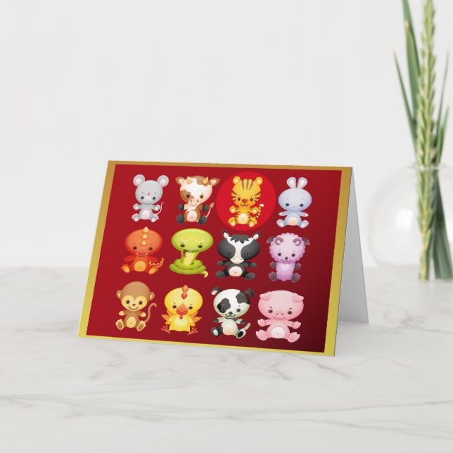 Cute Chinese Zodiac Cartoon Tiger and Animals Holiday Card (Front)