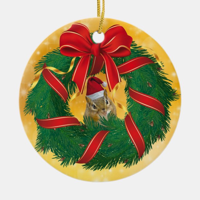 Cute Chipmunk Christmas Wreath Ceramic Tree Decoration (Front)