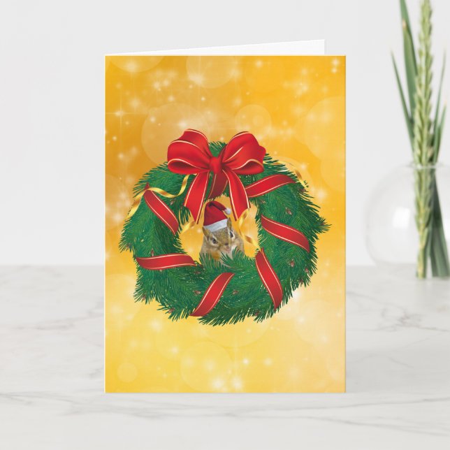 Cute Chipmunk Christmas Wreath Holiday Card (Front)