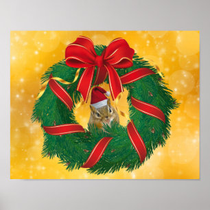 Cute Chipmunk Christmas Wreath Poster