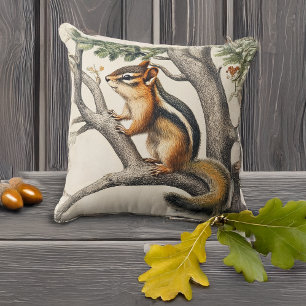 Cute Chipmunk in a tree vintage style illustration Cushion