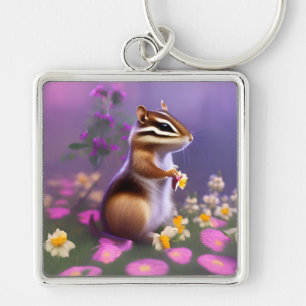 Cute Chipmunk in Flowers Key Ring