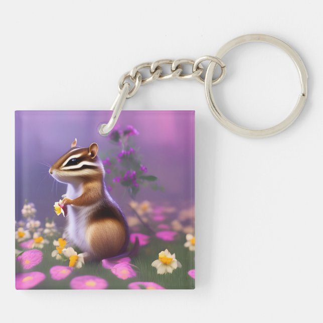 Cute Chipmunk in Flowers  Key Ring (Back)