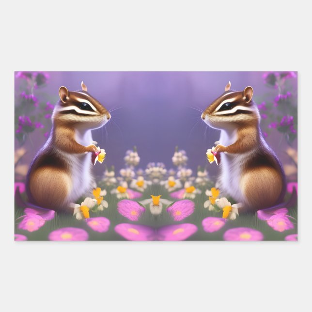 Cute Chipmunk in Flowers Rectangular Sticker (Front)