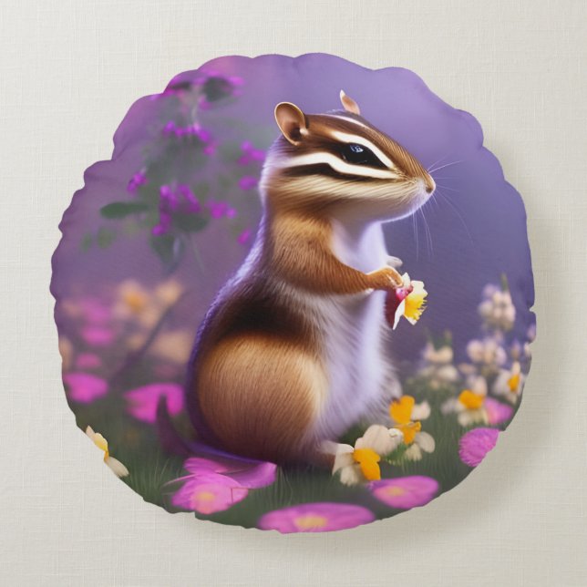Cute Chipmunk in Flowers  Round Cushion (Front)