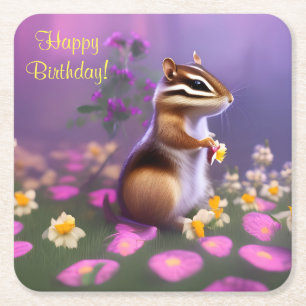 Cute Chipmunk in Flowers Square Paper Coaster