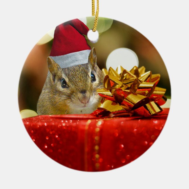 Cute Chipmunk Merry Christmas Ceramic Tree Decoration (Front)