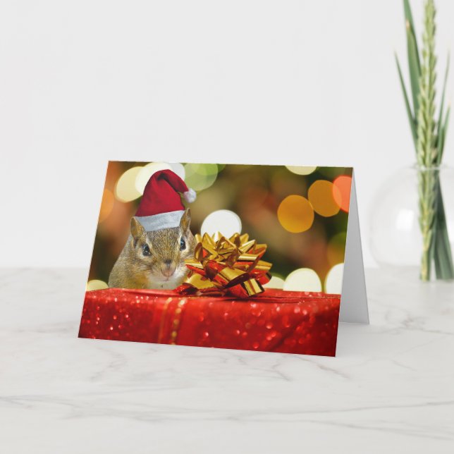 Cute Chipmunk Merry Christmas (Semi-Gloss) Holiday Card (Front)