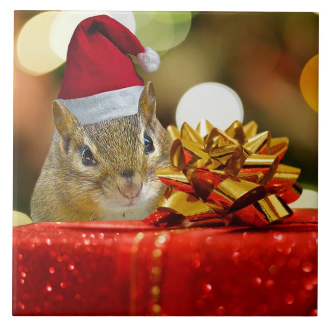 Cute Chipmunk Merry Christmas Tile (Front)