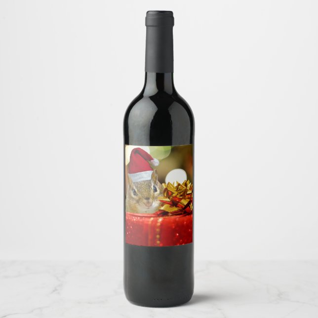 Cute Chipmunk Merry Christmas Wine Label (Front)