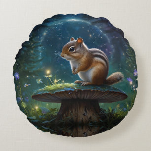Cute Chipmunk on Mushroom in Moonlight Round Cushion