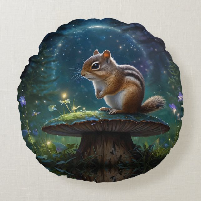 Cute Chipmunk on Mushroom in Moonlight Round Cushion (Front)