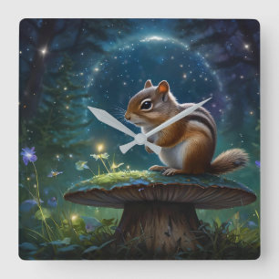 Cute Chipmunk on Mushroom in Moonlight Square Wall Clock