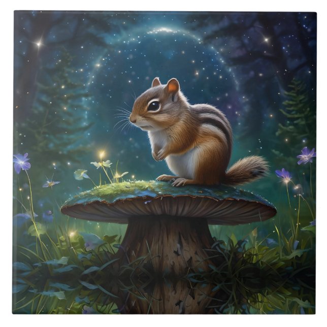 Cute Chipmunk on Mushroom in Moonlight Tile (Front)