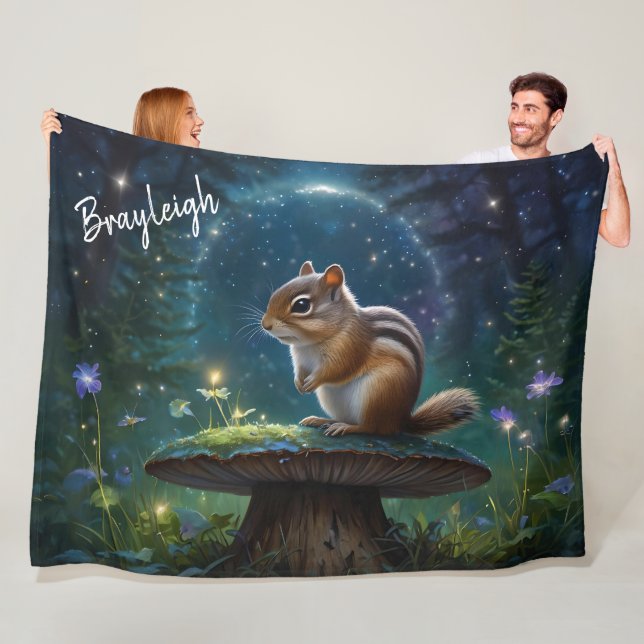 Cute Chipmunk on Mushroom *Personalise* Fleece Blanket (In Situ)