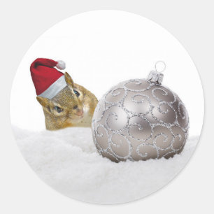 Cute Chipmunk Silver and Snow Christmas Holiday Classic Round Sticker
