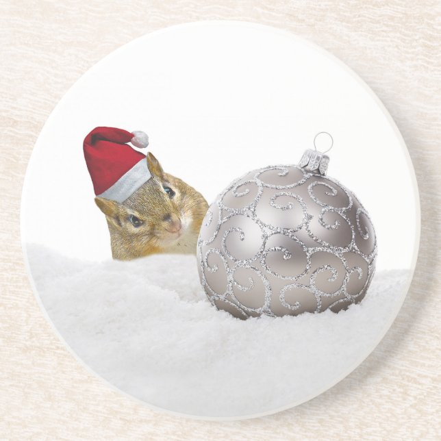 Cute Chipmunk Silver and Snow Christmas Holiday Coaster (Front)
