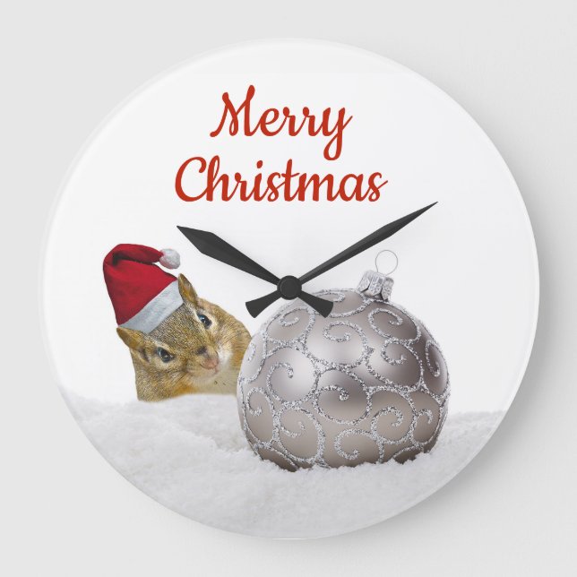 Cute Chipmunk Silver and Snow Christmas Holiday Large Clock (Front)