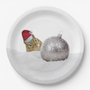Cute Chipmunk Silver and Snow Christmas Holiday Paper Plate