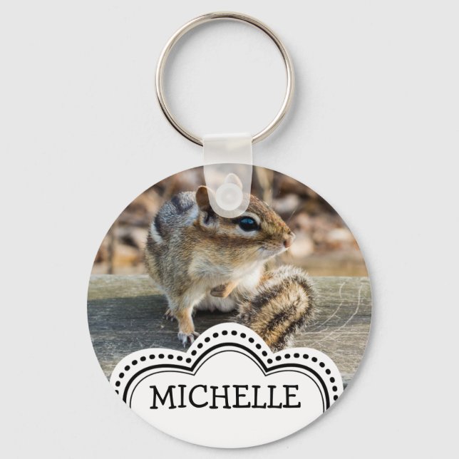 Cute Chipmunk Sitting on Wooden Rail in Forest Key Ring (Front)