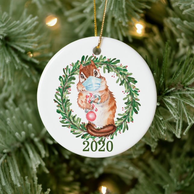 Cute Chipmunk Wearing Face Mask 2020 Ceramic Tree Decoration (Tree)