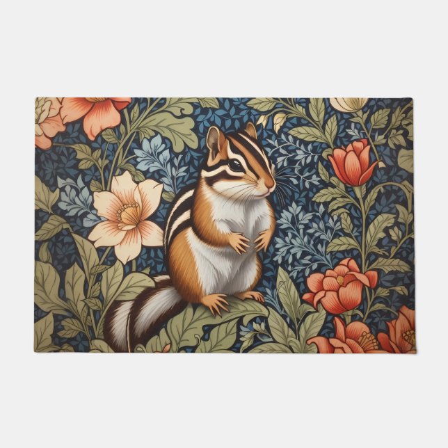 Cute Chipmunk William Morris Inspired Floral Doormat (Front)